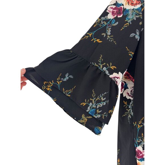 Black Fall Floral Print V-Neck Bell Sleeve Shift Mini Dress Size 2XL 16 18 Plus - Picture 3 of 7